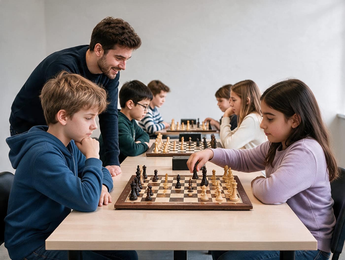 Kinder spielen Schach an Holzbrettern, ein Trainer schaut einer Partie zu