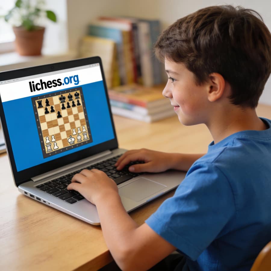 Junge spielt am Laptop Schach auf lichess.org