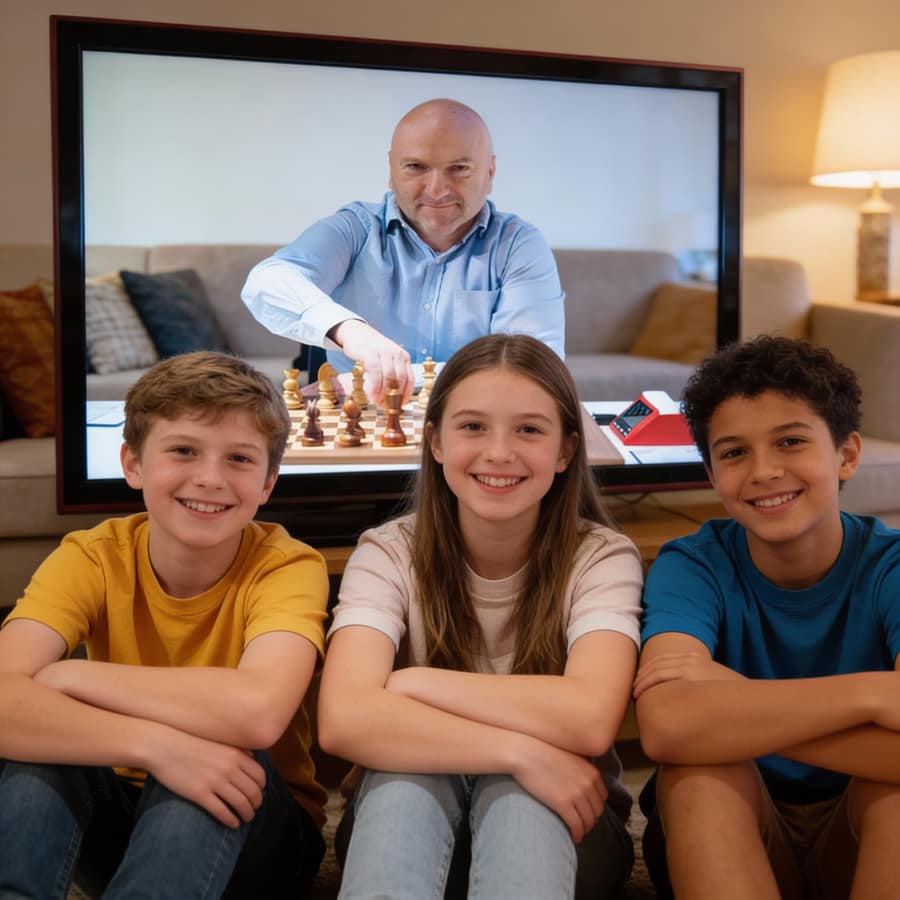 Drei Kinder sitzen vor einem Fernseher, auf dem ein Schach-Video läuft